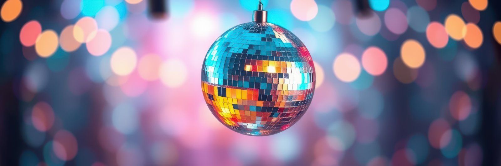 Hanging disco ball reflects colorful lights during a lively party atmosphere filled with music and dancing